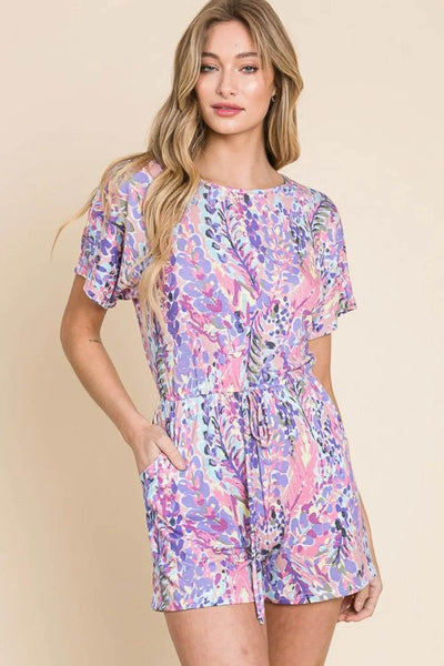 BOMBOM Print Short Sleeve Romper with Pockets - Ebony's Shopping