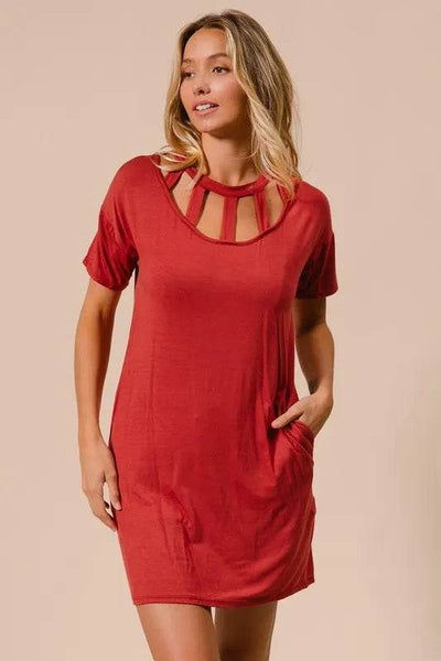 BiBi Front Cutout Mini Tee Dress with Pockets - Ebony's Shopping
