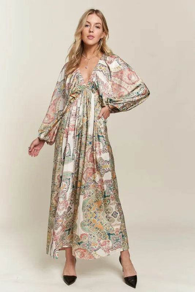 ADORA Printed V-Neck Batwing Sleeve Dress - Ebony's Shopping