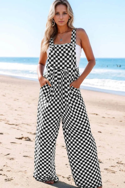 Checkered Print Pocketed Wide Leg Jumpsuit - Ebony's Shopping