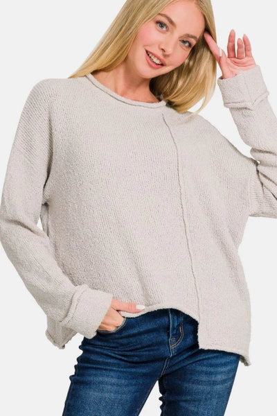 Zenana Asymmetric Hem Drop Shoulder Sweater - Ebony's Shopping