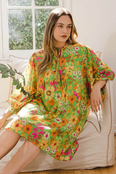 ODDI Full Size Floral Tied Neck Mini Dress - Ebony's Shopping
