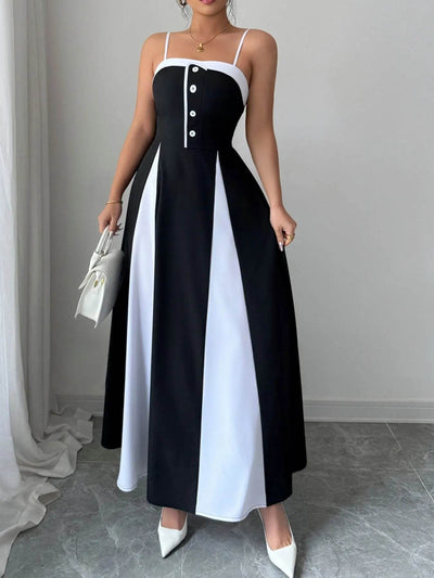 Decorative Button Contrast Maxi Cami Dress - Ebony's Shopping