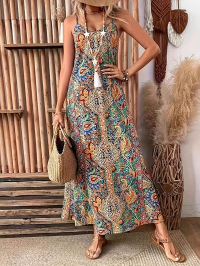 Paisley Print V-Neck Maxi Dress - Ebony's Shopping