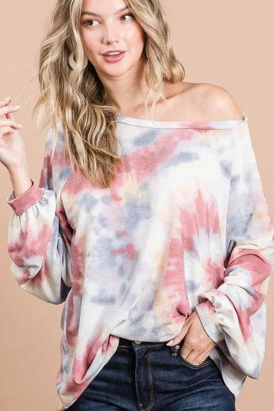 BiBi Tie Dye Print Terry Top With Puff Sleeves - Ebony's Shopping