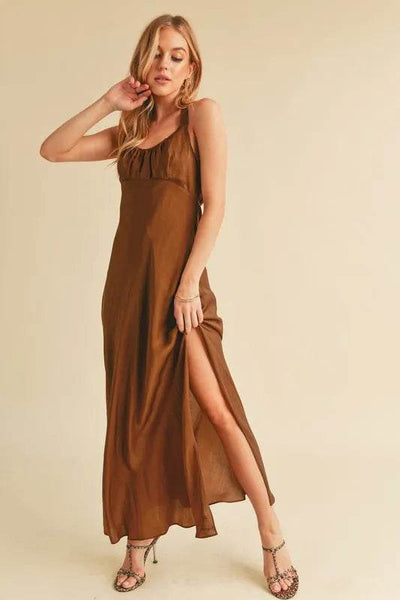Aemi + Co Ruched Side Slit Cutout Back Maxi Cami Dress - Ebony's Shopping