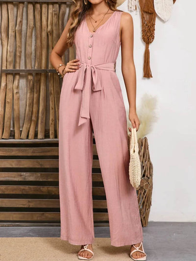 V-Neck Tie Waist Jumpsuit - Ebony's Shopping