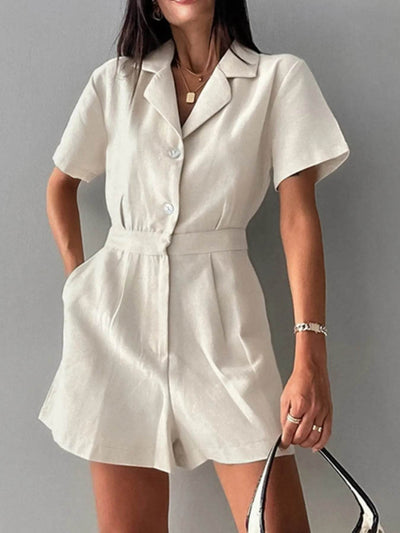 Button-Front Short Sleeve Romper - Ebony's Shopping