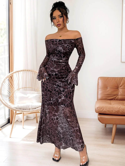 Off-Shoulder Long Sleeve Maxi Dress - Ebony's Shopping