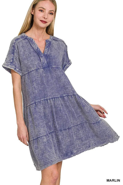 Zenana Washed Double Gauze Raw Edge V-neck Dress - Ebony's Shopping