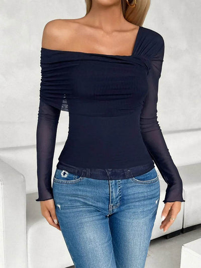 Devine Ruched Asymmetrical Long Sleeve T-Shirt - Ebony's Shopping