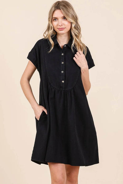 Mittoshop Twill Short Sleeve Collared Mini Dress - Ebony's Shopping