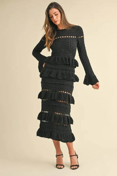 MABLE Long Sleeve Tiered Ruffle Knit Midi Dress - Ebony's Shopping