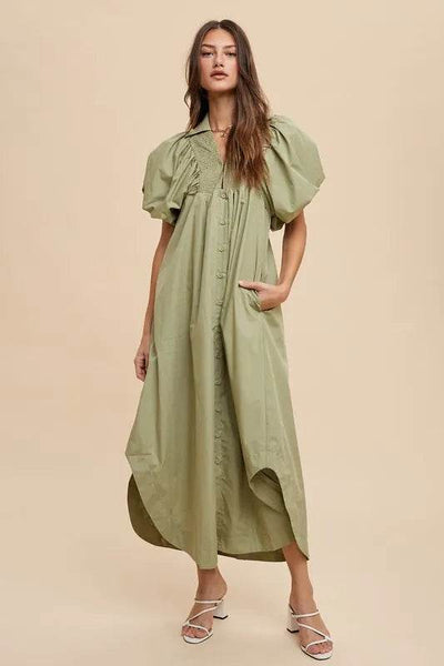 Annie Wear Smocked Puff Sleeve Midi Dress - Ebony's Shopping