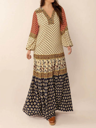 Printed V-Neck Balloon Sleeve Maxi Dress - Ebony's Shopping