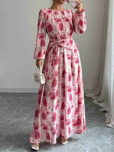 Floral Long Sleeve Maxi Dress with Drawstring Detail - Ebony's Shopping