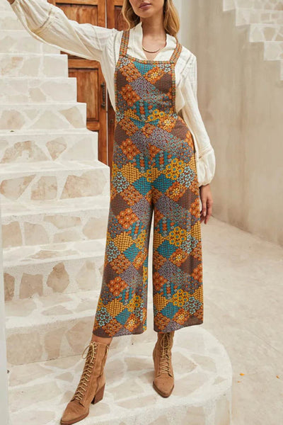Floral Crisscross Strap Wide Leg Overalls - Ebony's Shopping