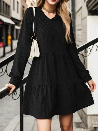 V-Neck Long Sleeve Mini Dress - Ebony's Shopping