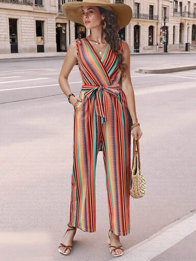 Striped Sleeveless Tie Waist Jumpsuit - Ebony's Shopping