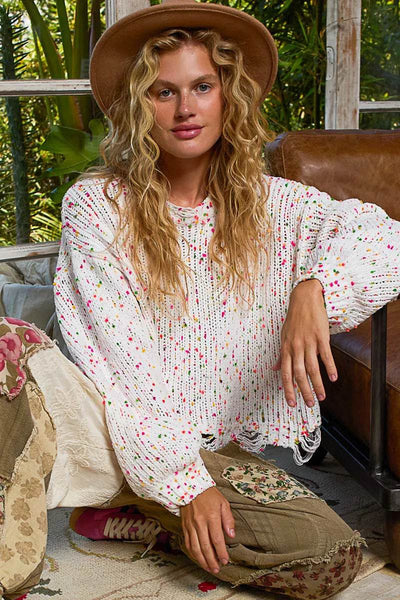 POL Round Neck Fringed Hem Sweater - Ebony's Shopping