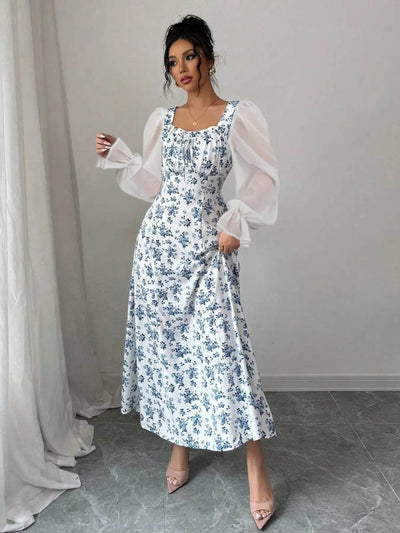Floral Print Flounce Sleeve Maxi Dress - Ebony's Shopping