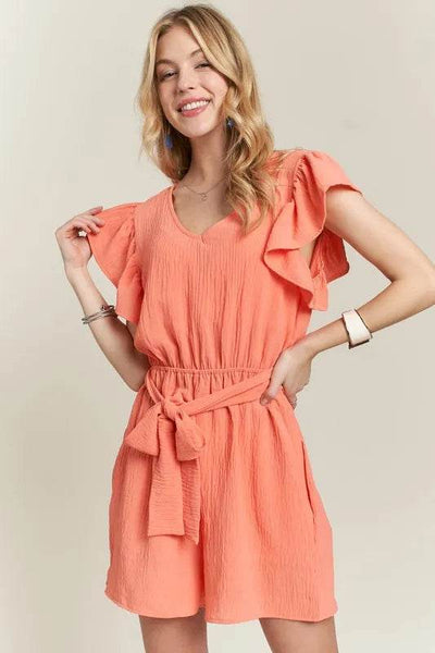 ADORA Ruffle Sleeves Romper with Pockets - Ebony's Shopping