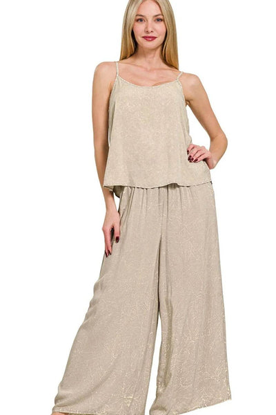 Zenana Woven Acid Crinkle Washed Cami & Pants 2 Piece Set - Ebony's Shopping