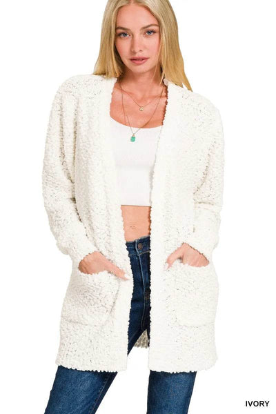 Zenana Long Sleeve Popcorn Sweater Cardigan with Pockets - Ebony's Shopping