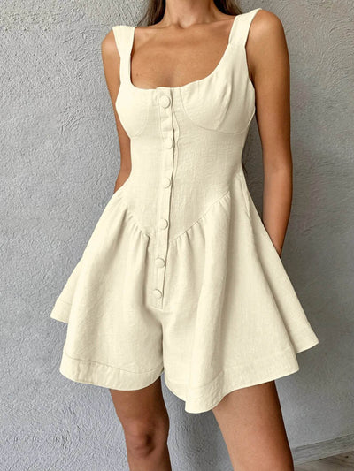 Button-Front Wide Strap Romper - Ebony's Shopping
