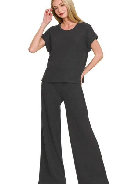 Zenana Rolled Sleeve Top and Pants Sweater Set - Ebony's Shopping