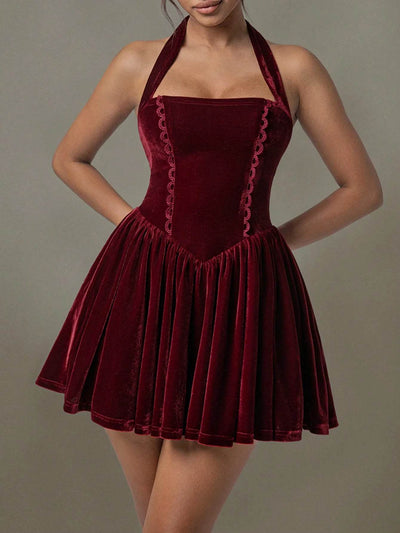 Velvet Halter Skater Dress - Ebony's Shopping