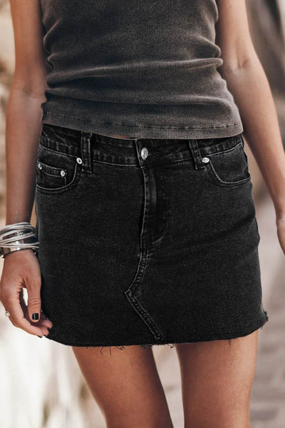 Frayed Hem Denim Mini Skirt - Ebony's Shopping