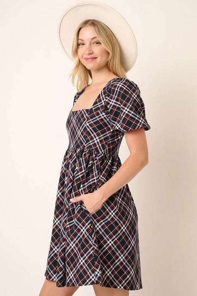 Mittoshop Checkered Print Puff Sleeve Babydoll Mini Dress - Ebony's Shopping