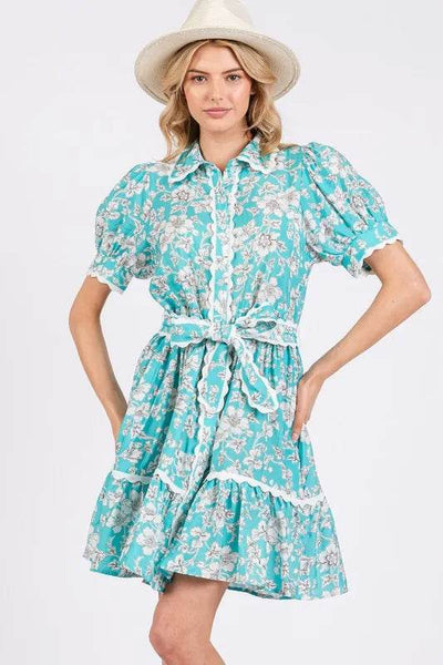 SAGE+FIG Vintage Floral Scalloped Mini Shirt Dress - Ebony's Shopping