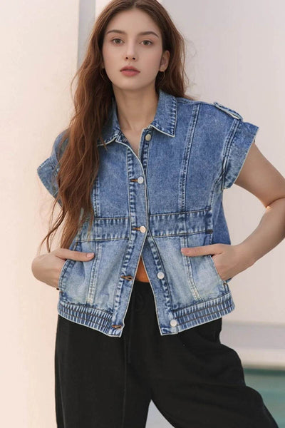 Button Up Cap Sleeve Denim Jacket - Ebony's Shopping