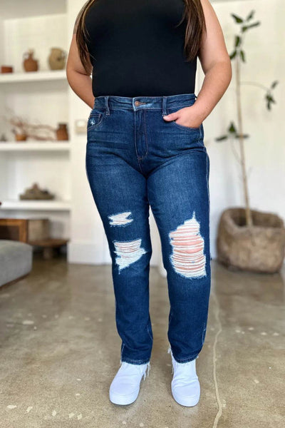 Judy Blue Full Size High Waist Rigid Magic Heavy Destroy Straight Jeans - Ebony's Shopping