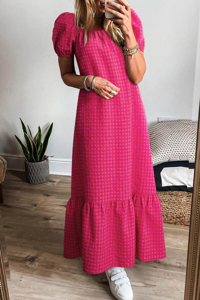 Rose Ginham Check Bubble Sleeve Ruffled Maxi Dress - Ebony's Shopping