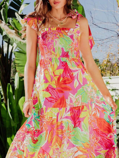 Tropical Print Tie Shoulder Maxi Dress - Ebony's Shopping