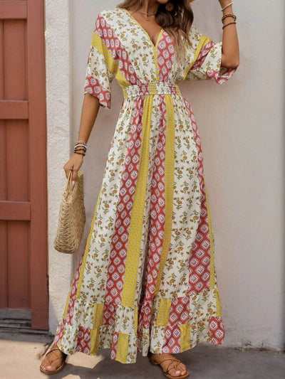 Perfee Ruffled Hem Printed V-Neck Jumpsuit - Ebony's Shopping