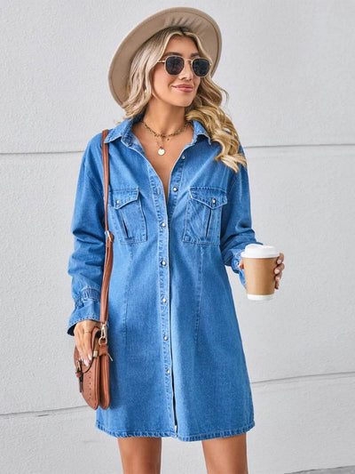 Pocketed Dropped Shoulder Mini Denim Dress - Ebony's Shopping
