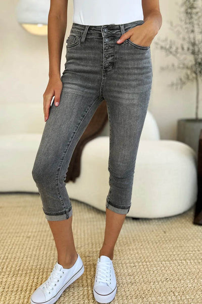 Judy Blue Full Size Button Fly High Waist Cuffed Capris - Ebony's Shopping