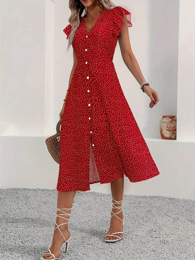 Button-Front Midi Dress with Ruffle Sleeves - Ebony's Shopping