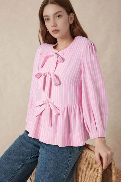 Tie Front Striped Peplum Blouse - Ebony's Shopping