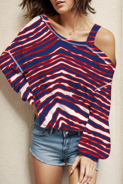 Striped Asymmetrical Neck Long Sleeve T-Shirt - Ebony's Shopping