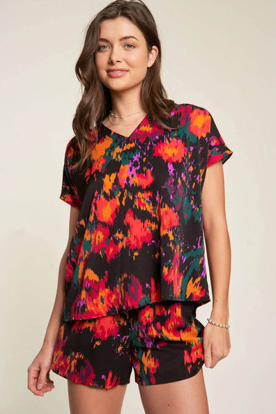 Davi & Dani Printed V Neck Short Sleeve Top and Shorts Set - Ebony's Shopping