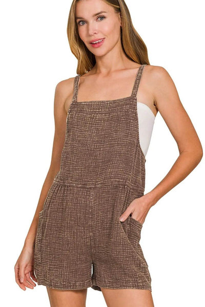 Zenana Washed Double Gauze Tie Back Rompers - Ebony's Shopping