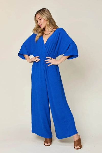 Double Take Full Size Surplice Wide Leg Jumpsuit with Pockets - Ebony's Shopping