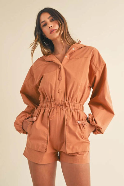 Mable Snap Down Long Sleeve Hooded Romper - Ebony's Shopping