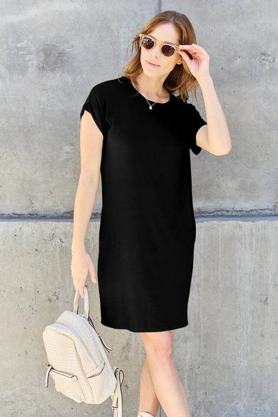 Basic Bae Bamboo Full Size Round Neck Short Sleeve Dress with Pockets - Ebony's Shopping