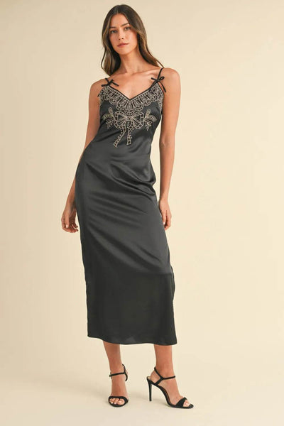 Mable Embroidered Cami Satin Midi Slit Dress - Ebony's Shopping